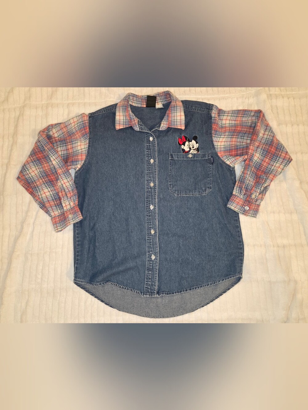 Vintage 90s Mickey Unlimited Denim Button-Up Shirt with Plaid Sleeves